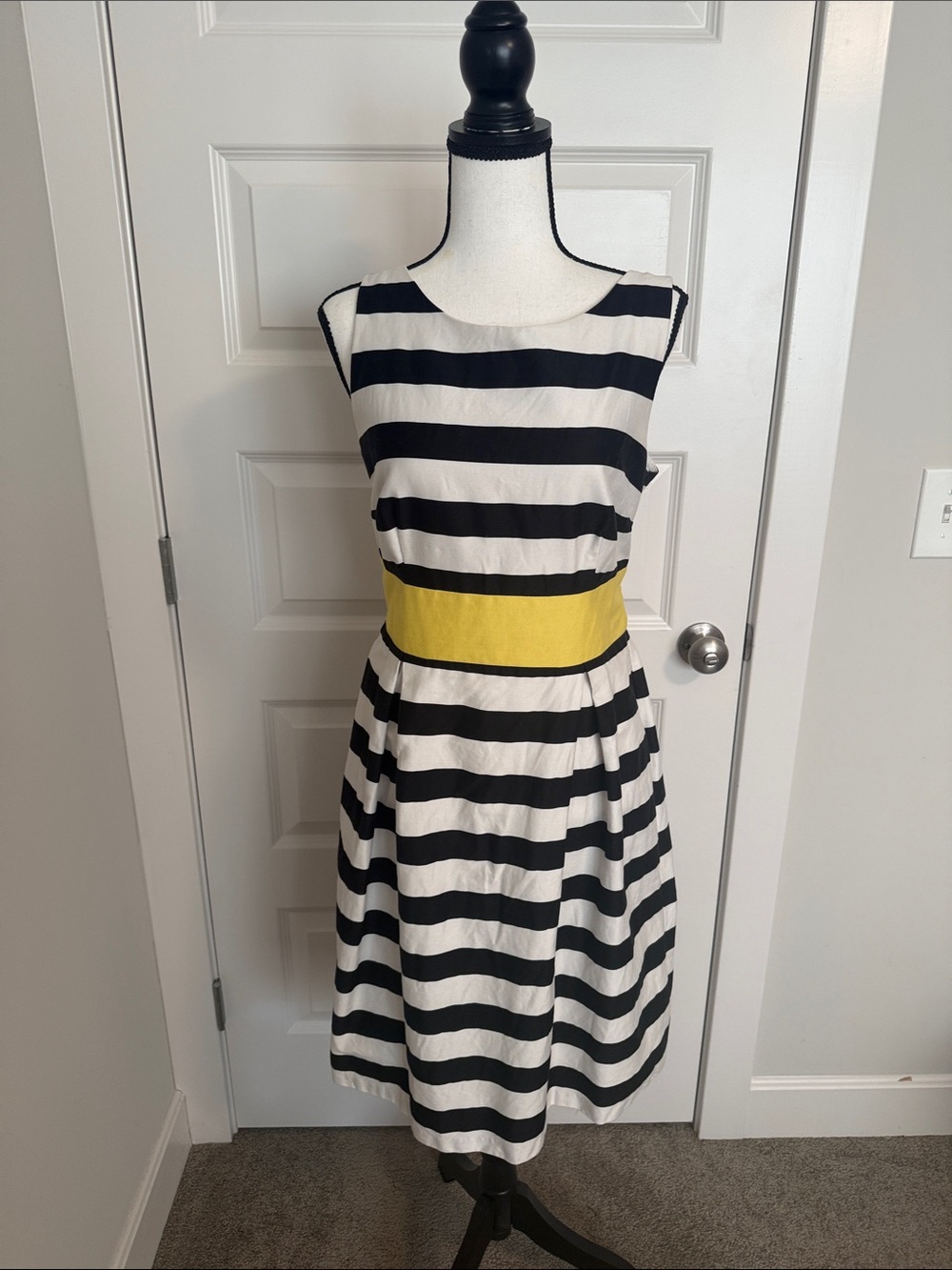 AB Studio| Striped Black and White Dress with Yellow Waistband